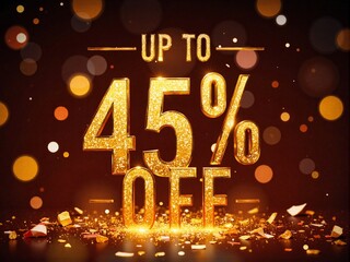 A dazzling sale banner with a "45% Off" message in gold over a warm bokeh background, perfect for retail promotions and festive marketing campaigns