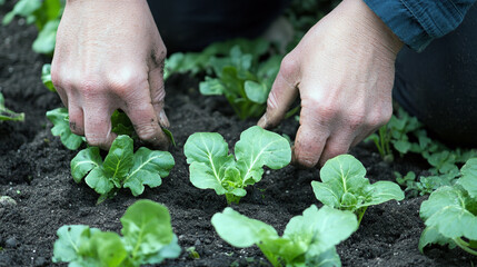 Caucasian adult planting seedlings in garden soil for organic farming.