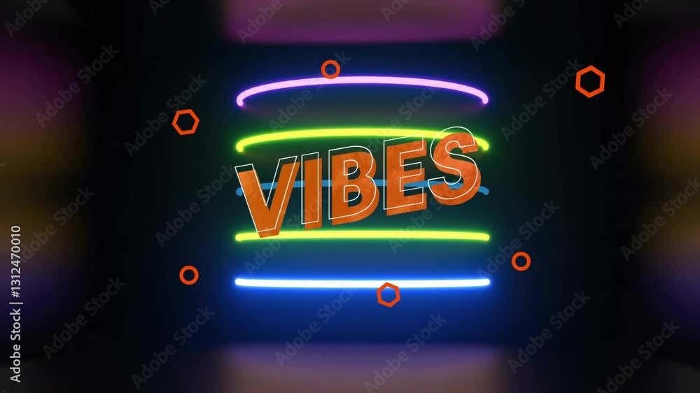 Poster animation of vibes text with neon lights and geometric shapes in vibrant colors