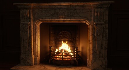 Cozy Fireplace with Marble Mantel and Burning Fire Creates Warmth