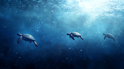 Fototapeta premium Three sea turtles swim in deep blue ocean water, surrounded by bubbles, sunlight filtering from above. Image evokes peace, tranquility, and marine life conservation