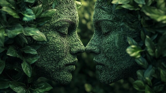 artistic digital render of two human faces made of green foliage, merging into each other, nature and technology concept, highly detailed, high resolution, surreal composition