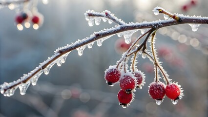 Winter Berries and Frozen Droplets A Crisp, Icy Nature Close-Up V2