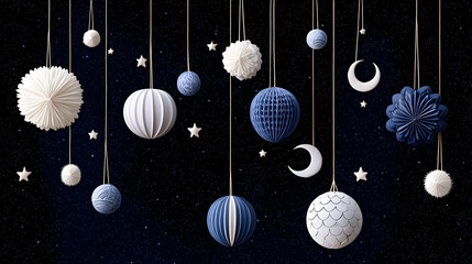 Celestial Decor with Paper Ornaments in Blue and White Tones