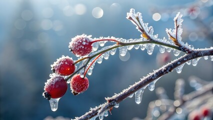 Winter Berries and Frozen Droplets A Crisp, Icy Nature Close-Up V5