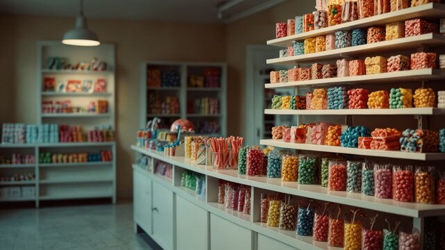 Colorful candy shop with shelves overflowing with sweet treats. A delightful vintage store atmosphere.