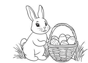 Coloring page. Cute bunny holding a basket full of colorful eggs in a grassy field during an Easter celebration