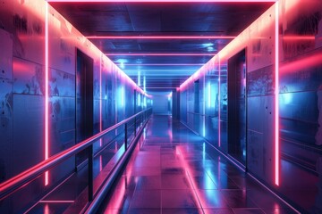 Futuristic neon hallway design urban space digital art modern aesthetic