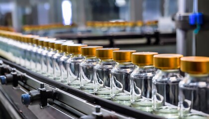 Obraz premium Rows of Medicine Bottles on Conveyor Belt 