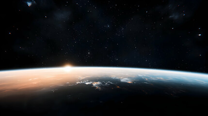 Earths horizon with stars and the shining sun rising above