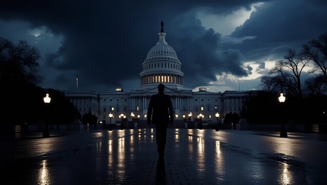 Silhouetted Man Approaching Government Building at Dusk