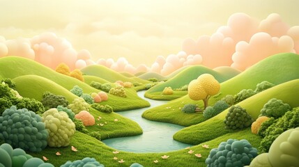 A colorful cartoon landscape featuring hills water and soft clouds