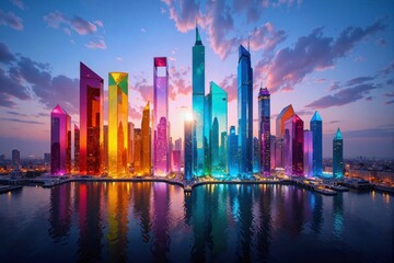 Obraz premium A vibrant cityscape with neon-colored skyscrapers reflecting on water at dusk, ideal for futuristic urban designs or travel promotions