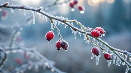 Winter Berries and Frozen Droplets A Crisp, Icy Nature Close-Up V8