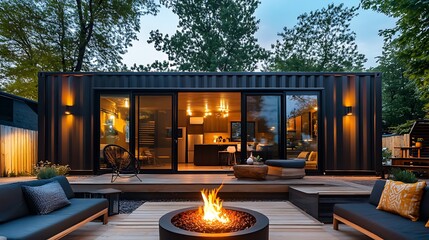A minimalist container home with a dark brown facade, floor-to-ceiling windows, and a serene garden with a water feature