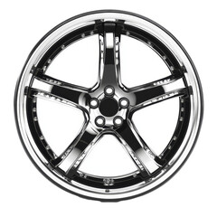 Obraz premium Sleek modern car wheel rim design featuring polished chrome and black accents on a clean transparent background, Modern Car Wheel Rim on transparent background