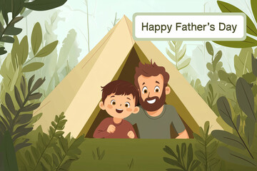 A father and son in a camping tent surrounded by trees during a family trip. Happy Father's Day Greeting Card.