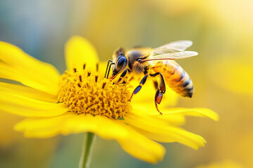 Golden Nectar Seeker: Captivating close-up of a honeybee delicately gathering nectar from a vibrant yellow flower, bathed in warm sunlight