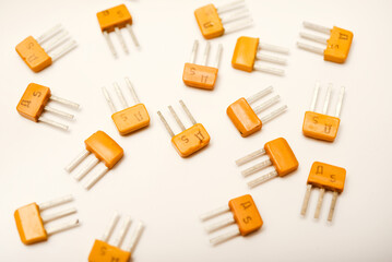 Old transistors on a white background. Electronic elements.