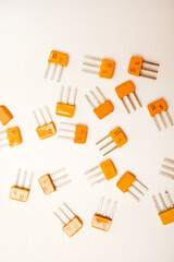 Old transistors on a white background. Electronic elements.