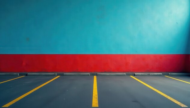 Empty asphalt parking lot, striped wall backdrop, building, shadow, grey