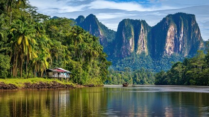 Fototapeta premium Tropical Riverfront Cabin Amidst Lush Jungle Mountains