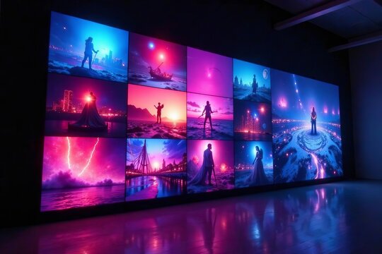 Giant video wall displaying vibrant multimedia content, colorful, screen