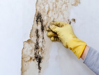 A gloved hand peels back wallpaper, revealing hidden black mold. This underscores the challenges of home maintenance and health risks from mold exposure, emphasizing the need for prompt attention