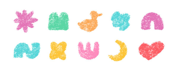 Pencil Color Squiggle Retro Abstract Stickers Vector Set. Chalk Scribble Handcrafted Sign Shapes Collection. Colorful Hand Drawn Brush Texture Squiggle Labels. Pencil Charcoal Vintage Emblems Bundle