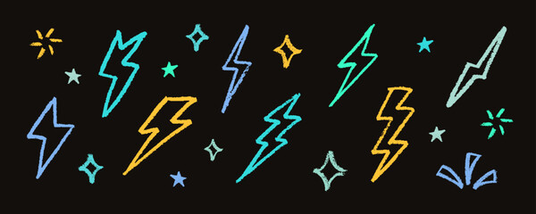 Crayon Lightning Bolt Vector Set. Chalk Scribble Blizzard Shapes Collection. Colorful Hand Drawn Brush Texture Drawing. Pencil Emphasis Elements Charcoal Doodle Decorative Bundle