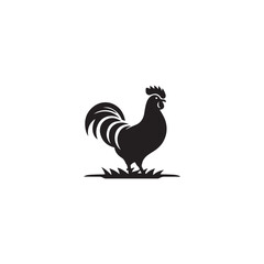 Fototapeta premium Simple Black Silhouette of a Rooster on Grass.A bold, black silhouette of a rooster standing on a bed of grass.