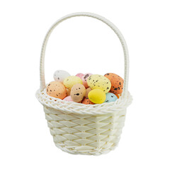 Basket with painted Easter eggs on white isolated background
