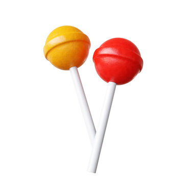 Red and orange lollipop candies isolated on white background