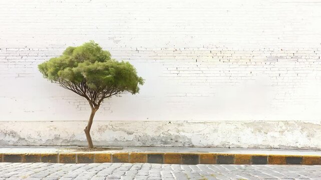 Green tree thriving near weathered white brick wall, lining aged cobblestone pathway, representing urban nature's enduring presence and quiet harmony