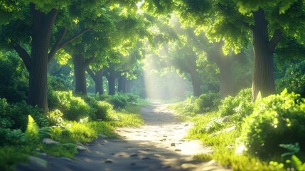 Fototapeta premium A sunlit forest path leads to a bright and inviting light