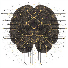 Detailed Brain Illustration with Network Lines and Golden Dots, Futuristic Neural Concept, Generative AI