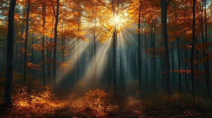 Obraz premium mysterious forest with sunbeams and fog in autumn
