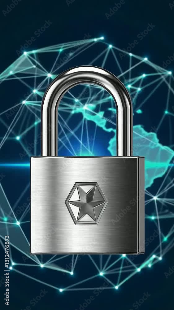 Poster rotating padlock with digital network background illustrates cybersecurity concept