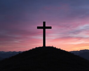 Easter Holiday, Easter Concept, Silhouette of a Christian Cross at Sunset on a Hilltop Peaceful Spiritual Scene