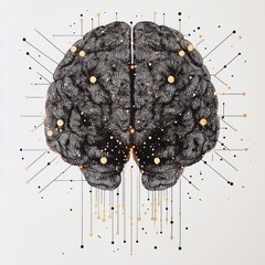 Detailed Brain Illustration with Network Lines and Golden Dots, Futuristic Neural Concept, Generative AI