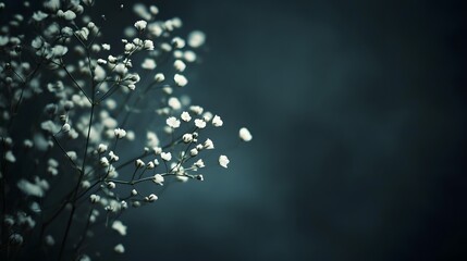 Delicate white flowers are blooming against a dark background