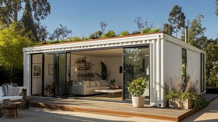 A contemporary container home with a white wooden facade, large glass doors, and a rooftop terrace with a garden and seating area