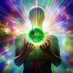 Spiritual Aura Mystical Figure Holding a Glowing Green Crystal Ball, Healing Chakra, Generative AI