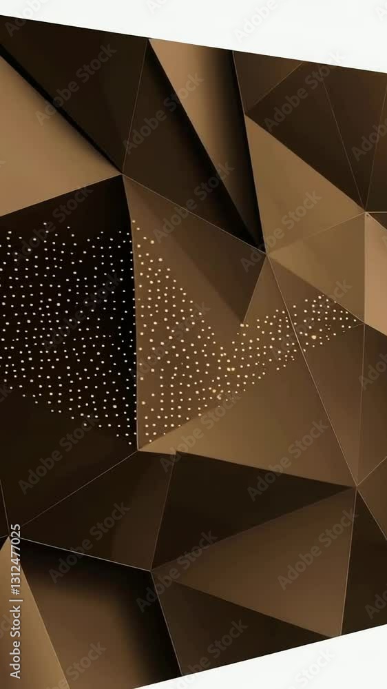 Poster geometric shapes and glowing particles animating across a faceted surface