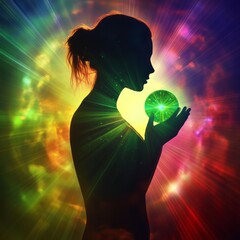 Spiritual Aura Mystical Figure Holding a Glowing Green Crystal Ball, Healing Chakra, Generative AI
