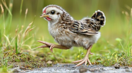 Fototapeta premium Curious chicklet taking first steps in grassy meadow