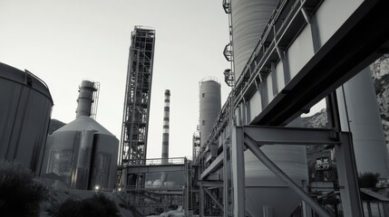 Naklejka premium A large and expansive cement factory features gigantic kilns, rotating mixers, and conveyor belts tirelessly transporting raw materials crucial for the ongoing production process they facilitate