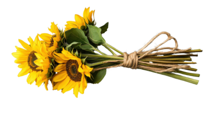 Bouquet of sunflowers tied with rustic twine on transparent background
