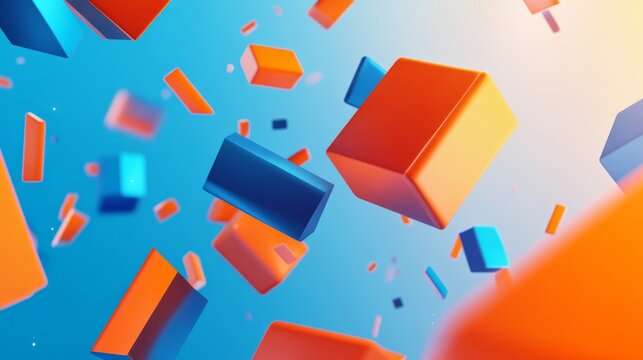 bright orange and blue abstract design with floating geometric shapes and sharp gradients, vibrant and energetic, futuristic and modern