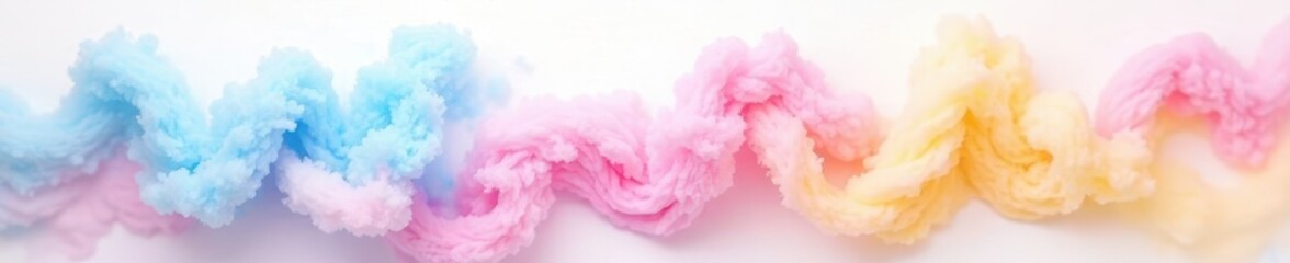 Fototapeta premium Pastel pink, blue, and yellow cotton candy swirls on white background, whimsical, sweet